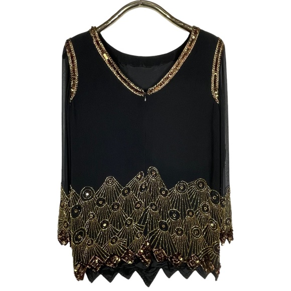 BLACK TIE BY OLEG CASSINI SILK BEADED DECO EMBELLISHED SHEER PANEL TUNIC BLOUSE - Picture 5 of 12